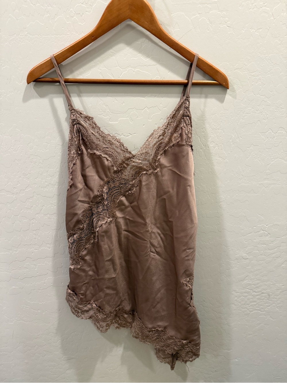 Mabel Asymmetric Lace Trim Satin Camisole Top Mauve Brown NWT Small
